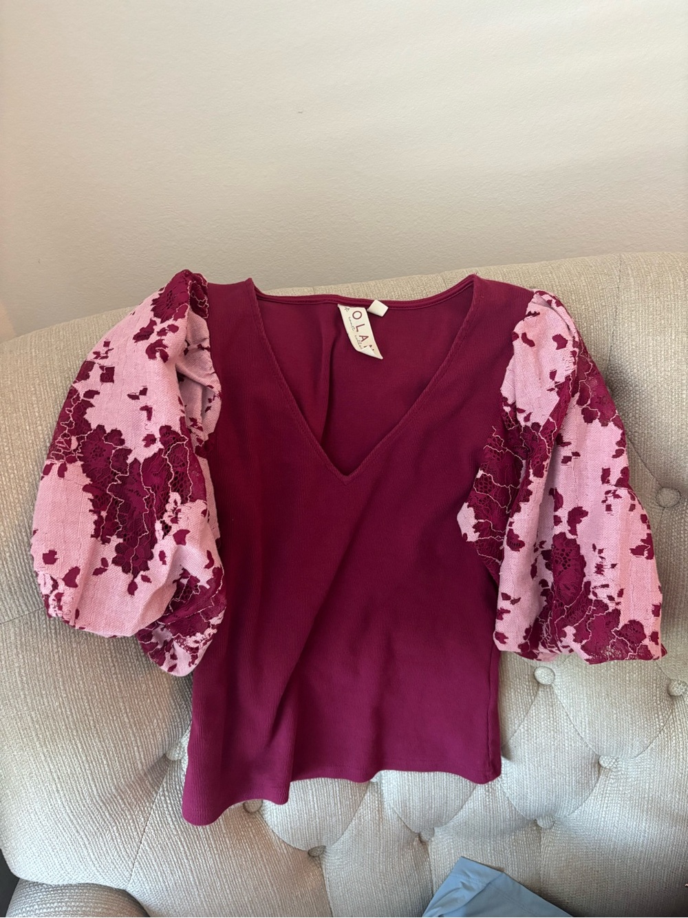 dolan V-Neck Puff Sleeve Top in Berry and Light Pink